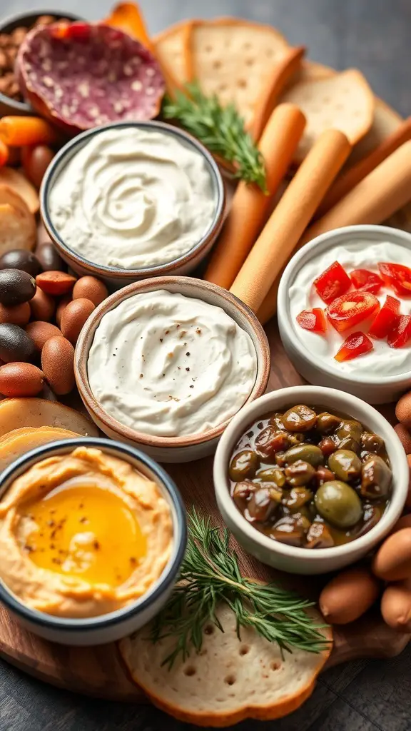 A variety of dips and spreads on a charcuterie board, including hummus, yogurt dip, red pepper spread, and olive tapenade, surrounded by crackers and olives.