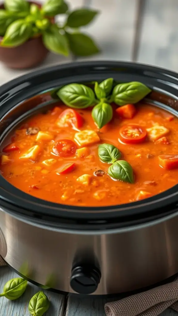 A slow cooker filled with creamy tomato basil soup, garnished with fresh basil leaves.