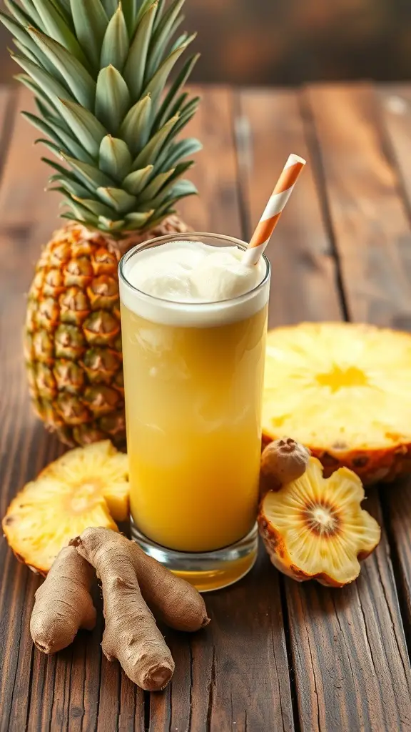 A glass of Tropical Pineapple Ginger Juice with a pineapple and ginger root in the background.