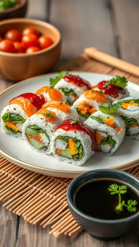 Colorful raw vegan sushi rolls on a plate with dipping sauce