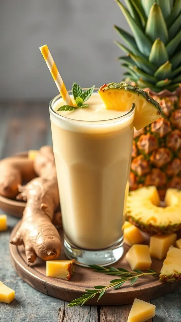A refreshing pineapple ginger smoothie with fresh pineapple and ginger root on a wooden table.