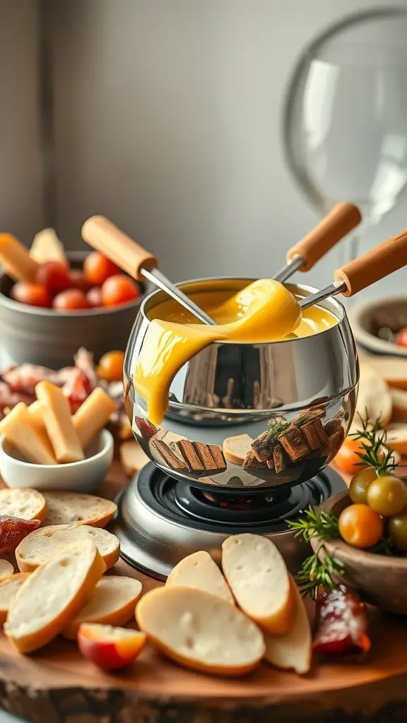 A pot of melted cheese fondue surrounded by various dippers like bread, vegetables, and meats.