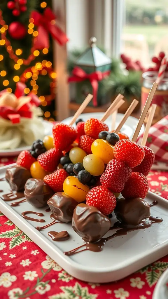 Colorful chocolate-dipped fruit skewers with strawberries, blueberries, and yellow grapes on a festive table.