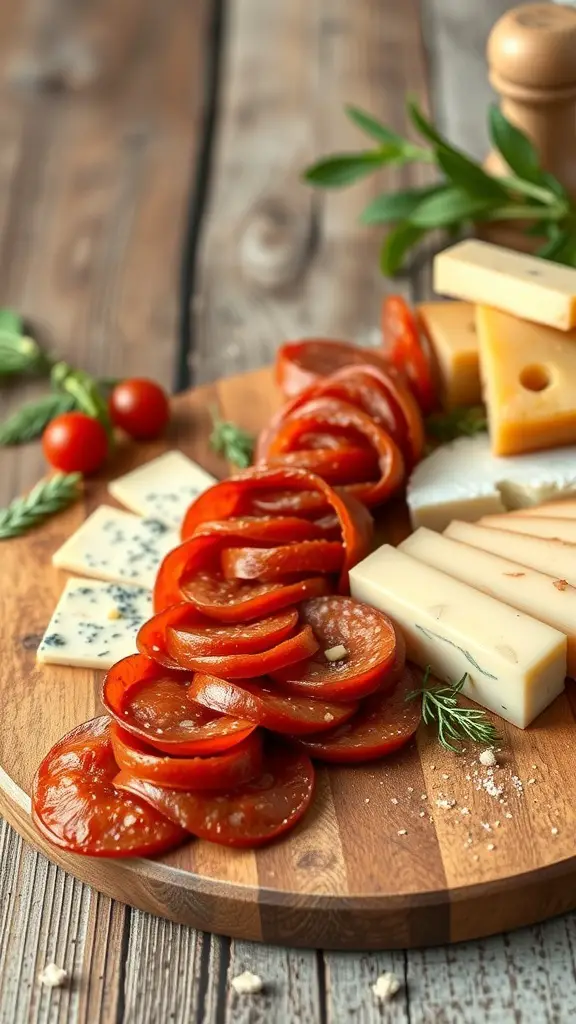A charcuterie board featuring spicy soppressata and various cheeses.