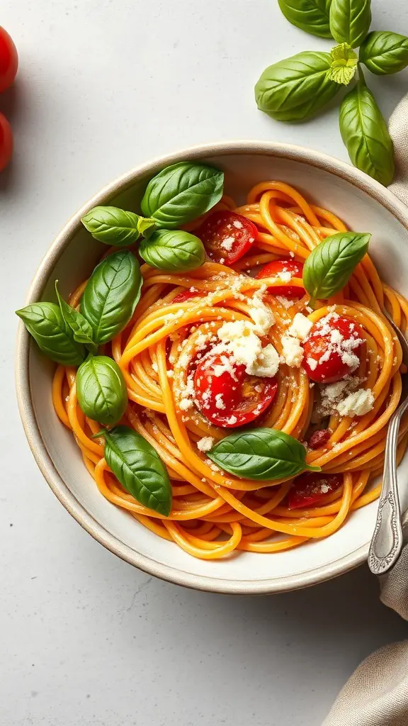 A bowl of spaghetti with cherry tomatoes and fresh basil, garnished with cheese.