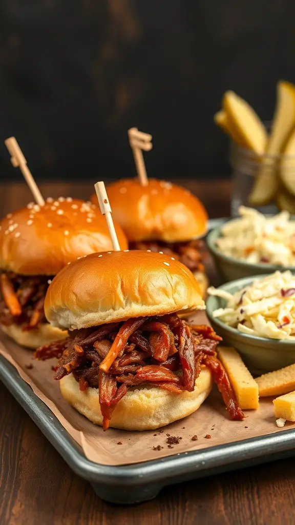Pulled pork sliders with coleslaw and pickles on a tray
