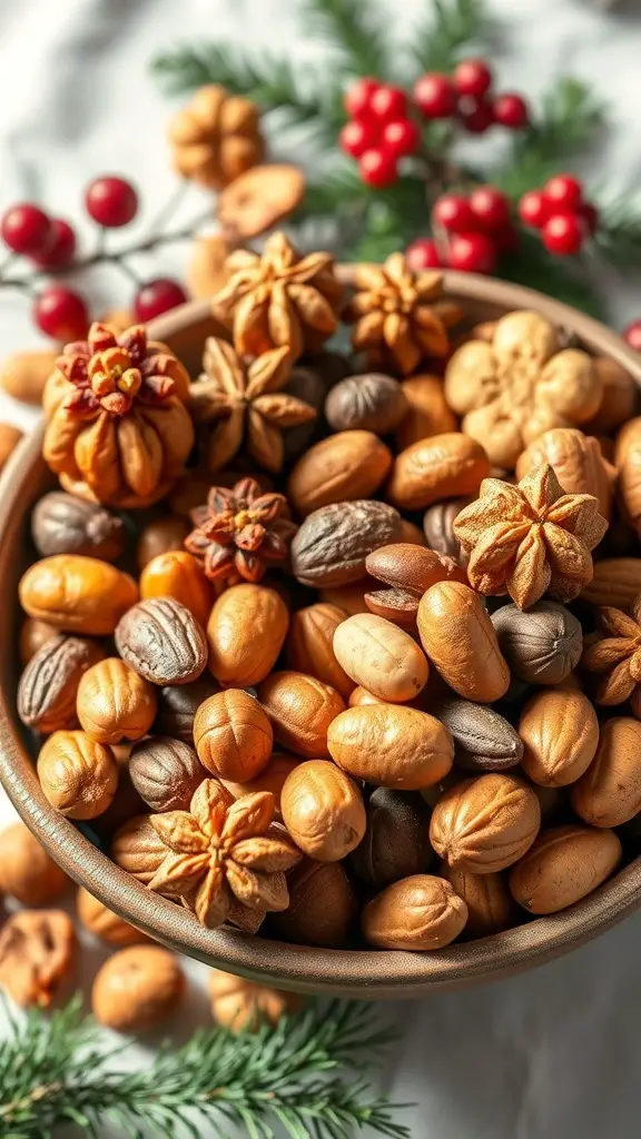 A bowl filled with various nuts and spices, surrounded by festive decorations.
