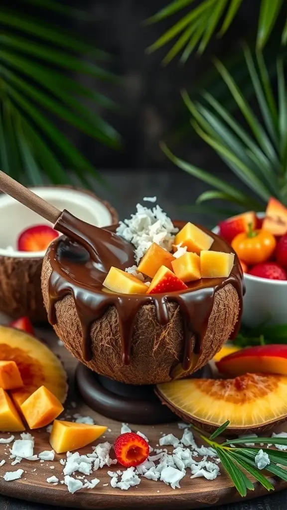 A coconut bowl filled with chocolate fondue, topped with fresh fruits and coconut flakes.