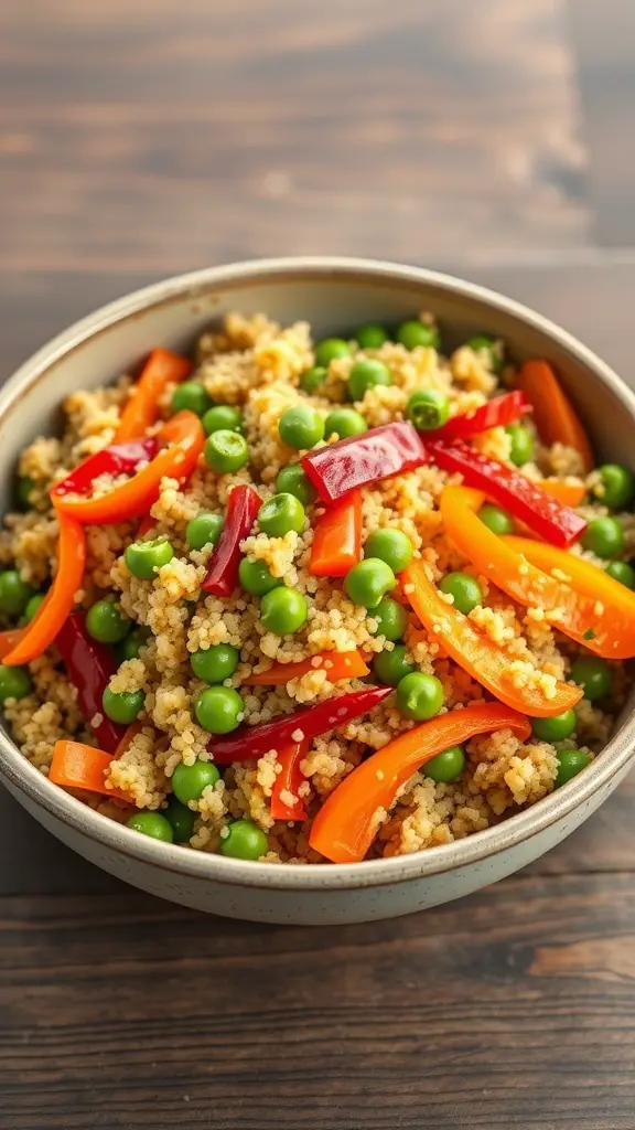A bowl of colorful vegetable quinoa stir-fry with red and yellow bell peppers and green peas.