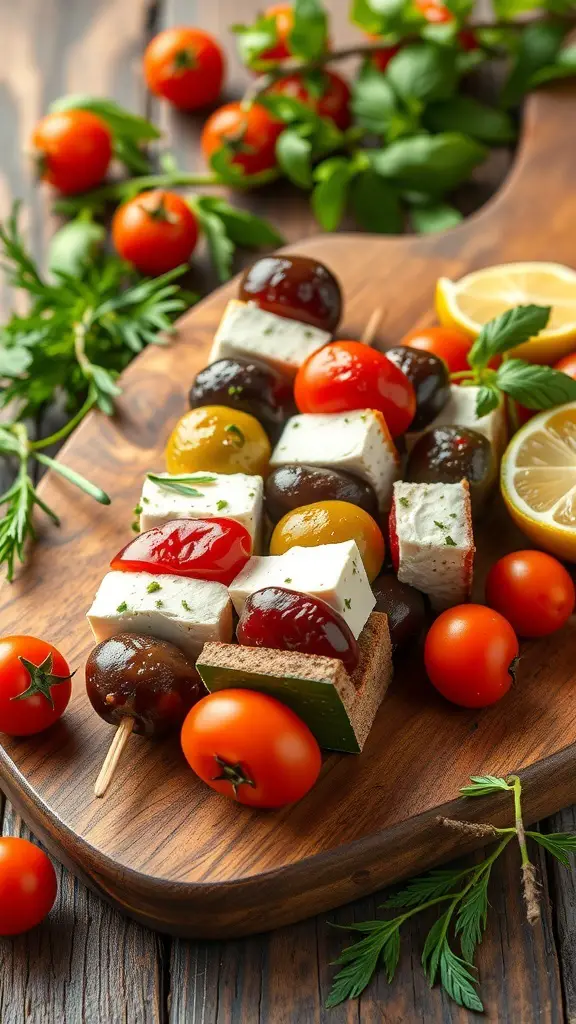 Mediterranean Delight Skewers with cherry tomatoes, feta cheese, and bell peppers on a wooden board