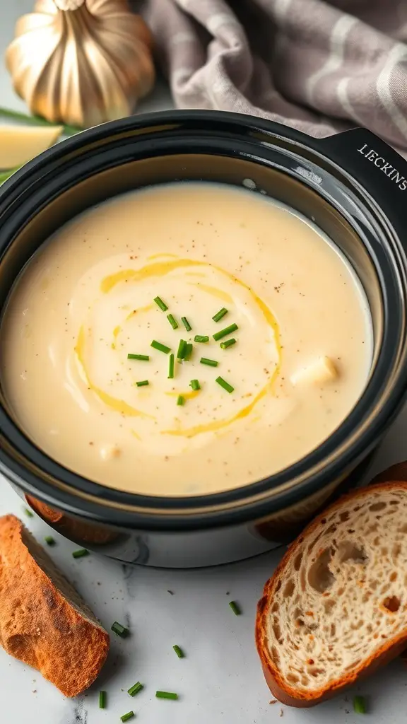 A bowl of creamy potato and leek soup garnished with chives and olive oil, with slices of bread on the side.