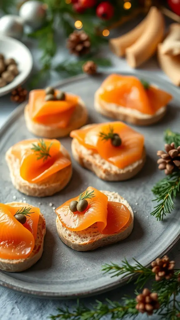 A plate of smoked salmon canapés topped with capers and dill, set against a festive background.