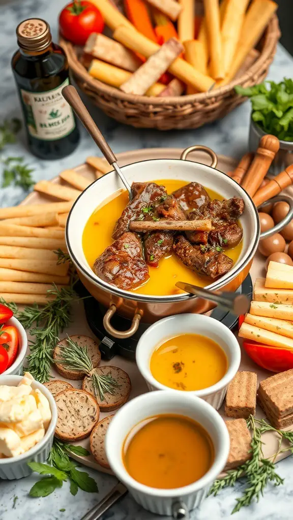 Mediterranean Beef Fondue with Olive Oil, featuring beef cubes in a pot of olive oil surrounded by fresh vegetables and crispy bread.
