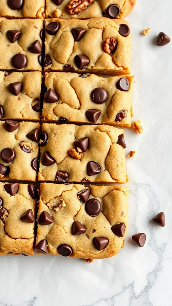 Chocolate chip cookie bars with nuts, cut into squares, on a marble surface.