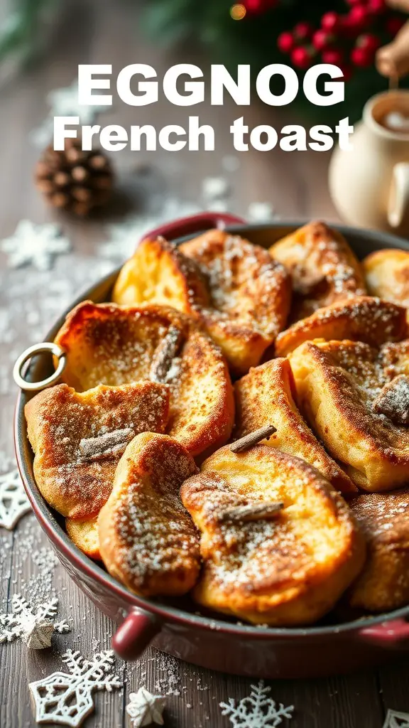 A delicious Eggnog French Toast Casserole topped with powdered sugar and cinnamon, perfect for a Christmas breakfast party.