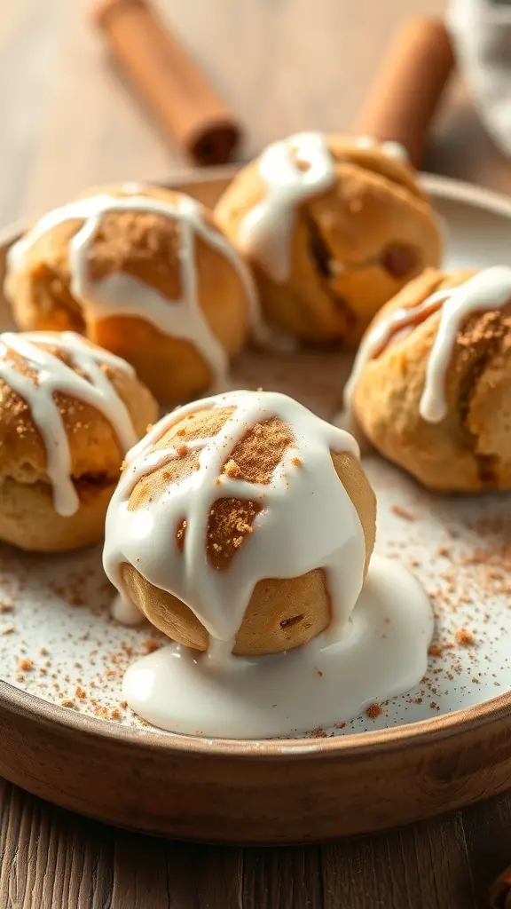 A plate of cinnamon roll protein balls drizzled with icing and sprinkled with cinnamon.