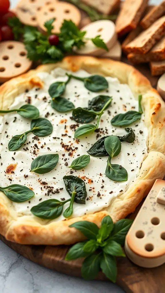 A white pizza topped with ricotta cheese and fresh spinach leaves on a wooden board.