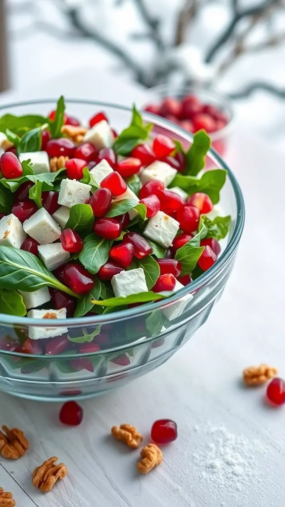 A bowl of Pomegranate and Feta Winter Salad with greens, pomegranate seeds, and feta cheese.