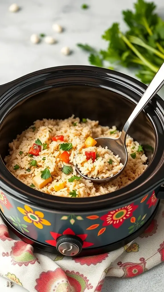 Crockpot filled with Savory Herb Rice Pilaf garnished with herbs and colorful vegetables.