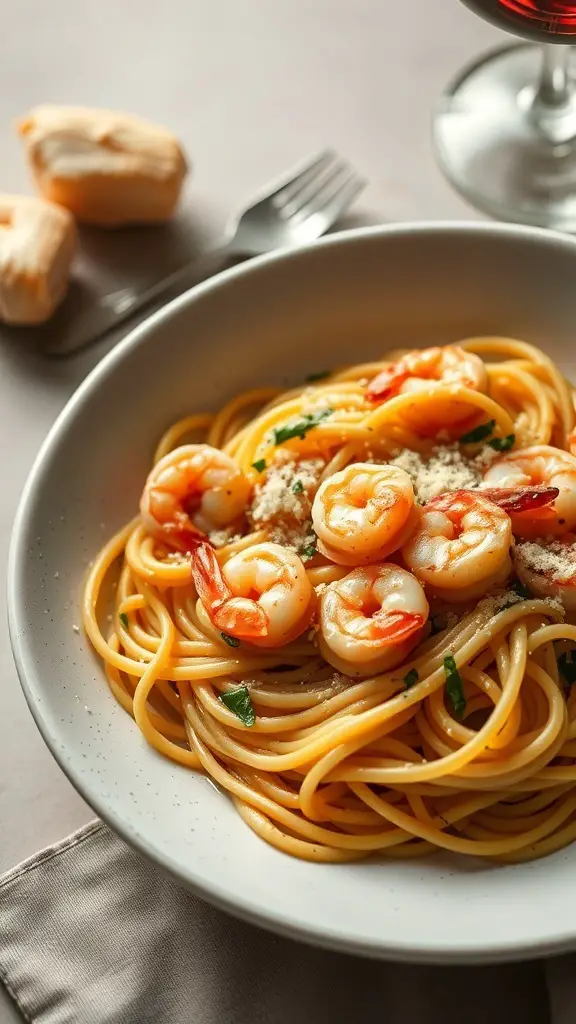 A plate of shrimp scampi pasta with spaghetti, shrimp, and parsley