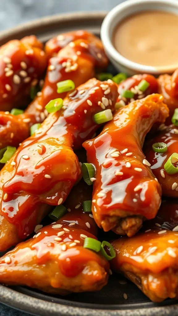 A plate of honey garlic chicken wings garnished with green onions and sesame seeds, served with a small bowl of dipping sauce.