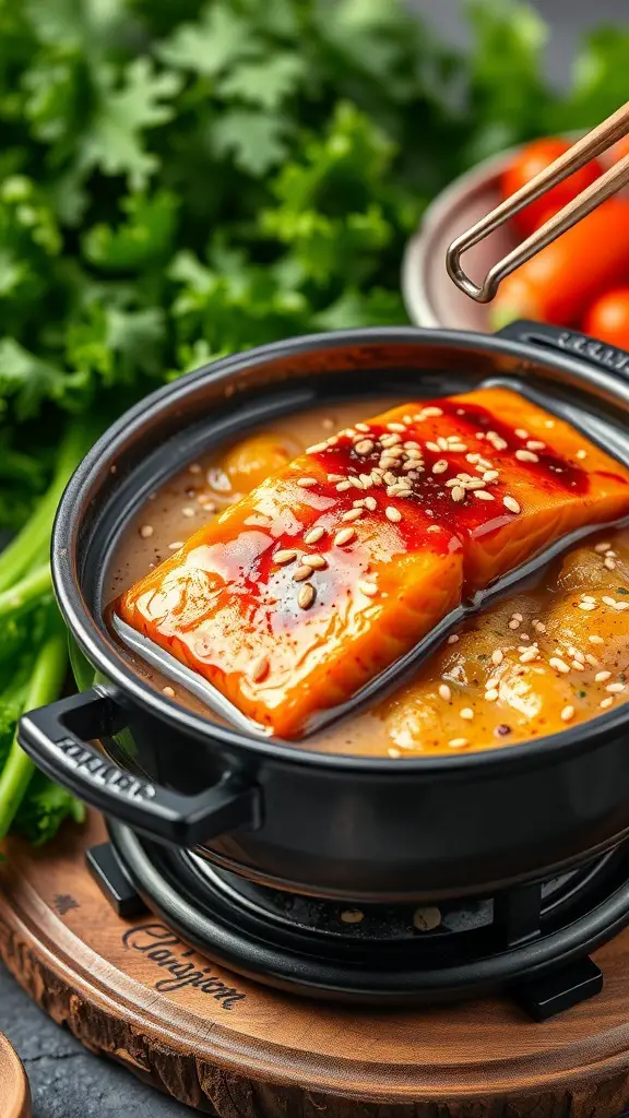 A pot of teriyaki salmon fondue with sesame seeds, surrounded by fresh vegetables.