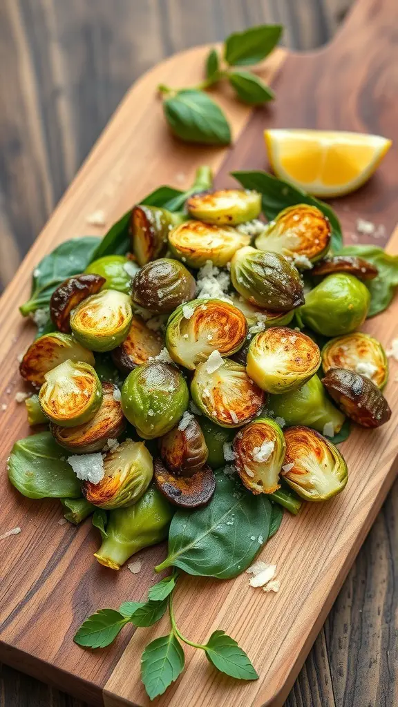 A wooden platter with crispy roasted Brussels sprouts on a bed of greens, garnished with cheese and a lemon wedge.