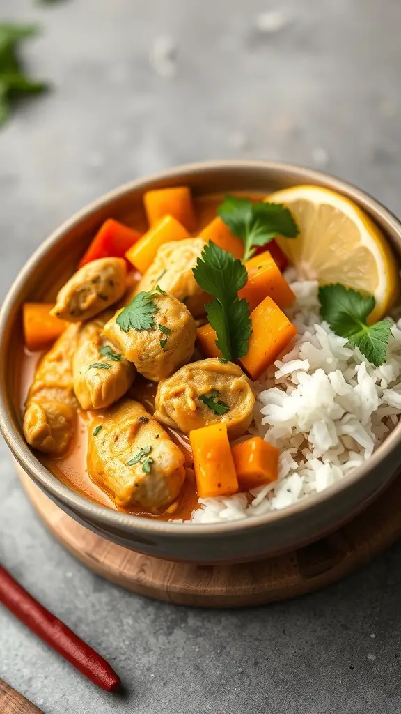 A bowl of coconut curry chicken with rice and vegetables