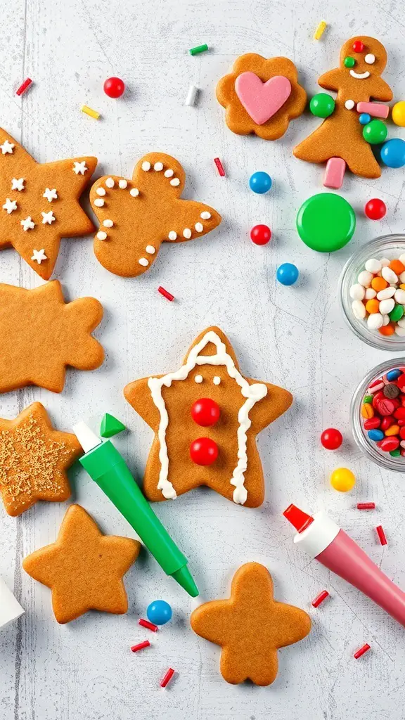 An assortment of gingerbread cookies ready for decorating with icing and colorful candies.