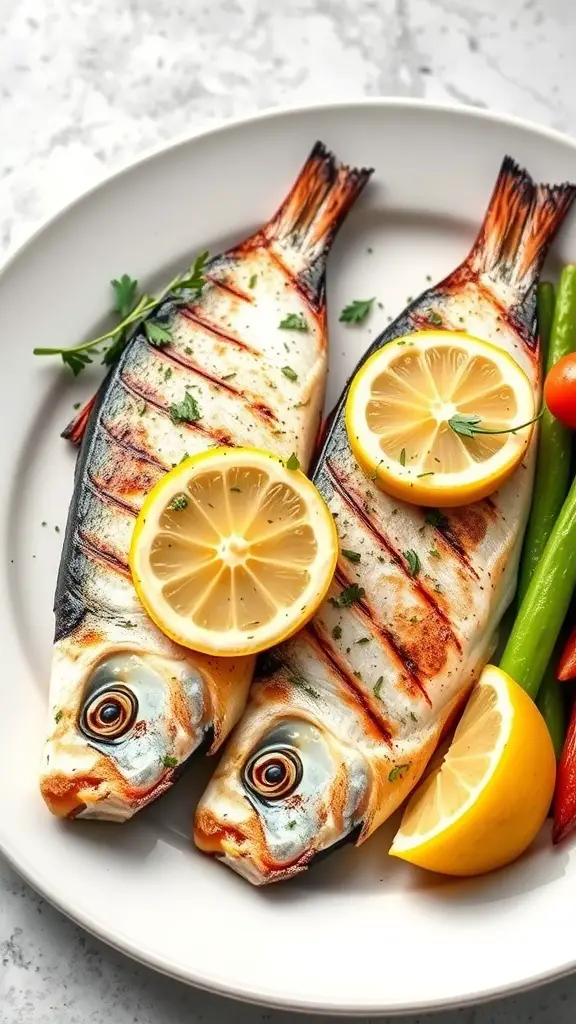 Grilled fish garnished with lemon slices and herbs on a white plate