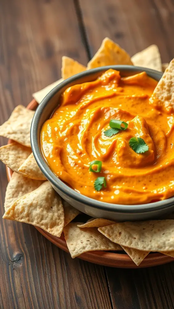 A bowl of creamy Buffalo Chicken Dip surrounded by tortilla chips.