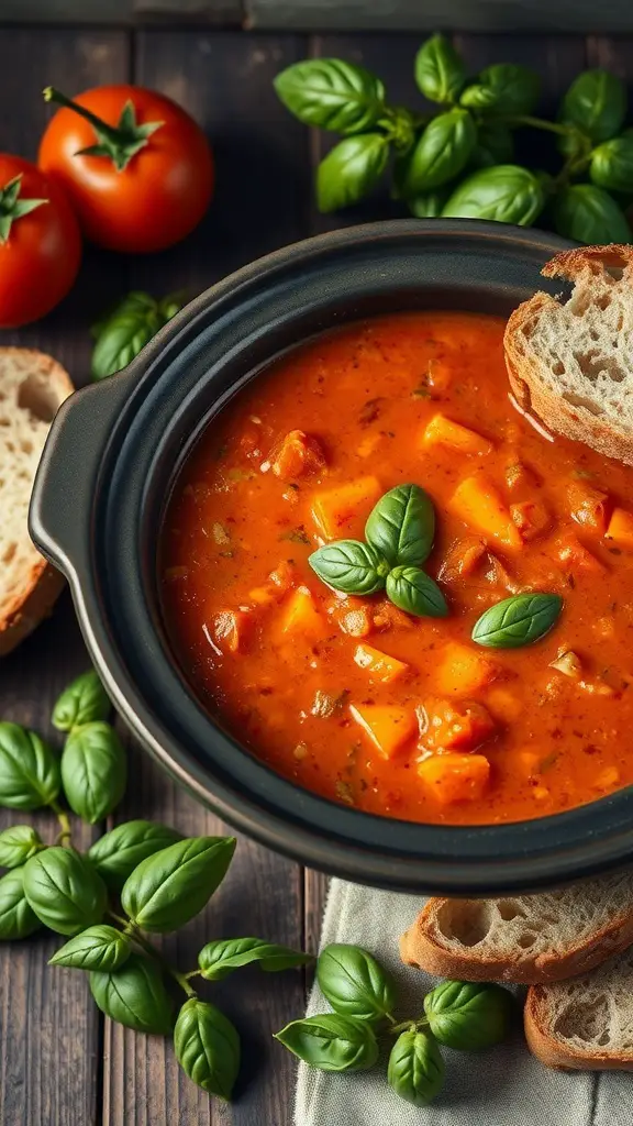 A bowl of creamy tomato basil soup with fresh basil leaves and slices of bread on the side.