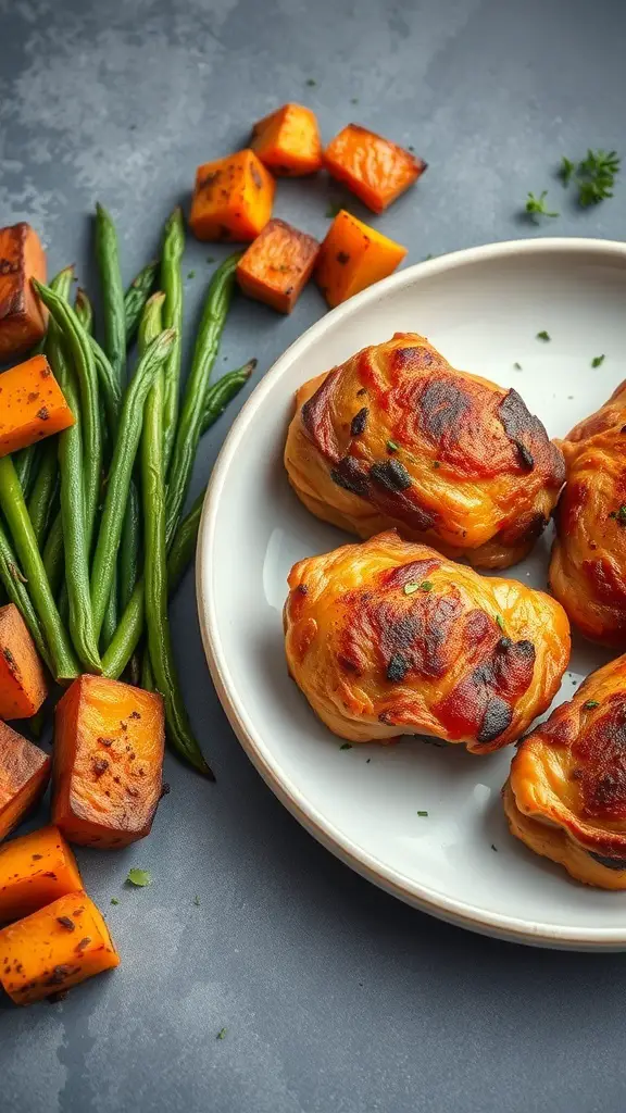 Crispy baked chicken thighs with roasted sweet potatoes and green beans on a plate.