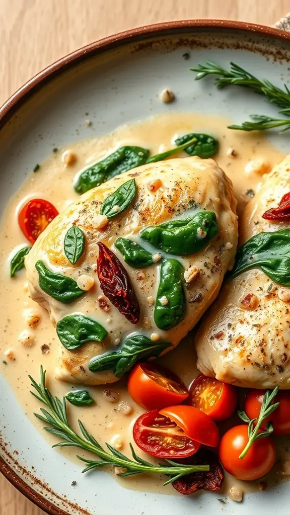 Creamy Tuscan Garlic Chicken with spinach and tomatoes on a plate
