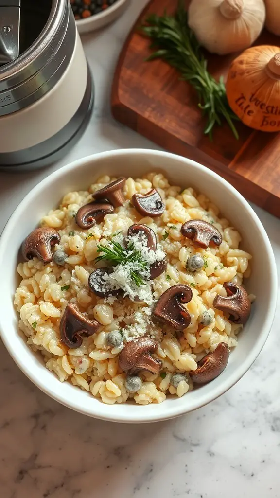 A bowl of creamy mushroom risotto topped with mushrooms and herbs.