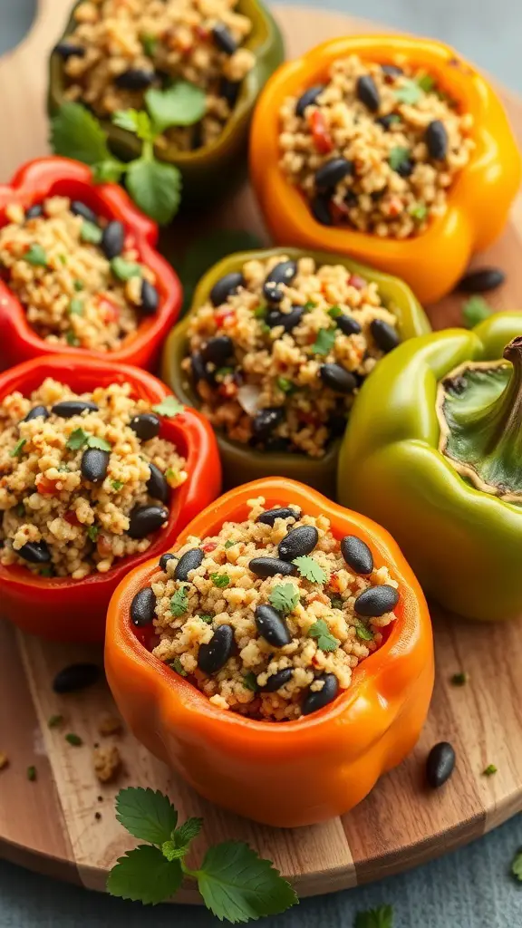 Stuffed bell peppers filled with quinoa and black beans on a wooden platter.