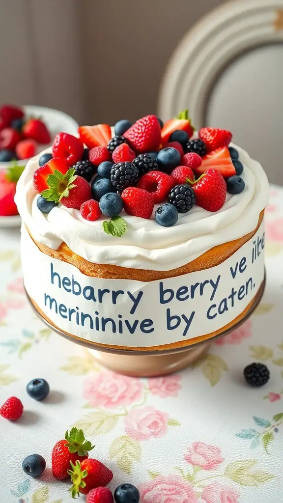 A beautifully decorated Berry Meringue Cake topped with fresh strawberries, blueberries, and raspberries.