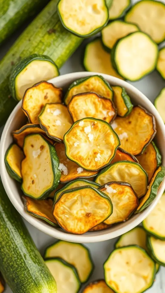 A bowl of crispy zucchini chips with sea salt, surrounded by fresh zucchini.
