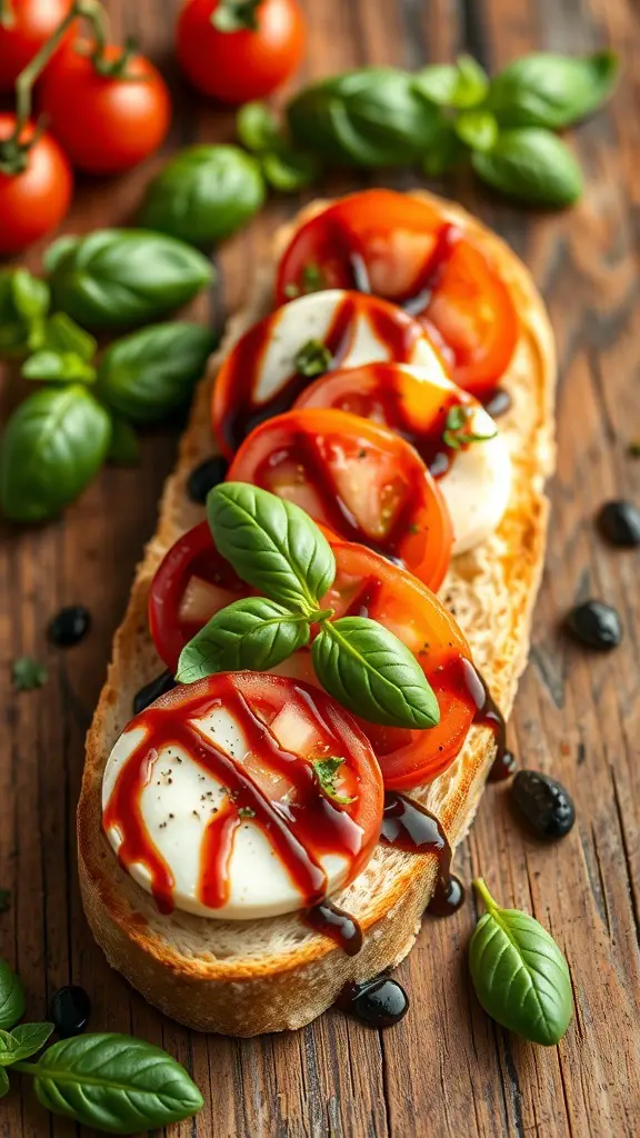 Caprese crostini with mozzarella, tomatoes, basil, and balsamic reduction on a wooden table.