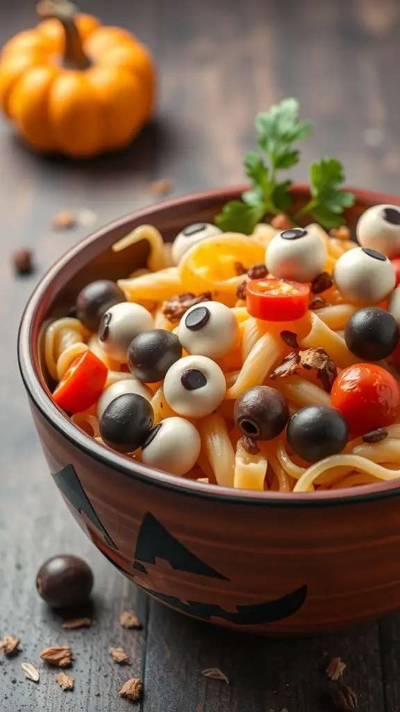 A bowl of Eyeball Pasta Salad with black olives, mozzarella balls, and cherry tomatoes, set against a backdrop of a small pumpkin.