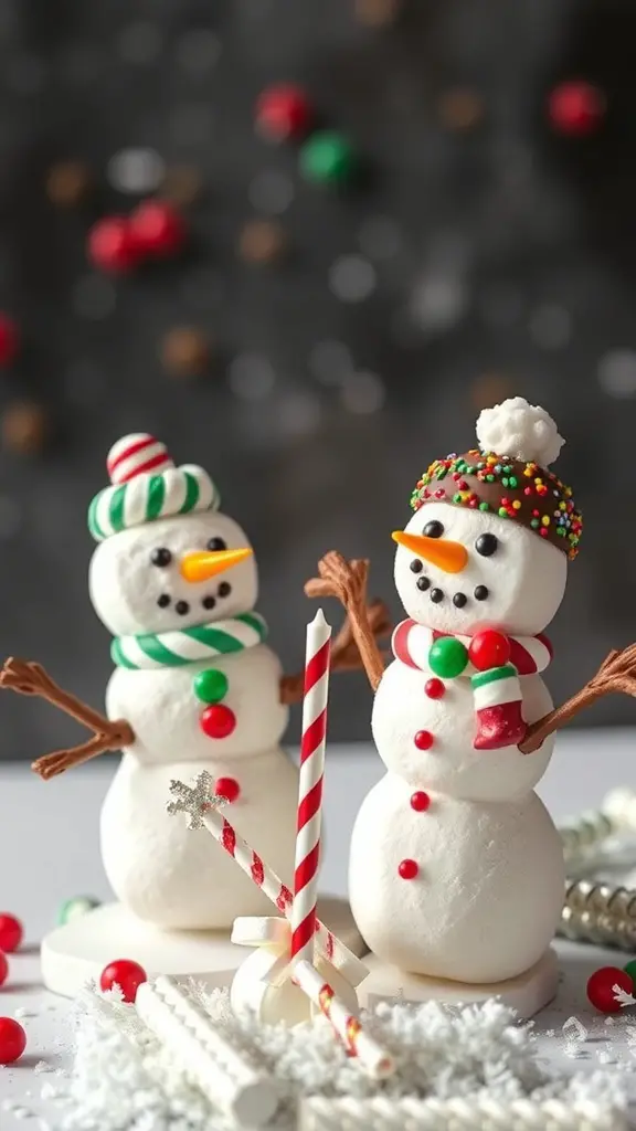 Two marshmallow snowmen with colorful hats and scarves, surrounded by festive decorations.
