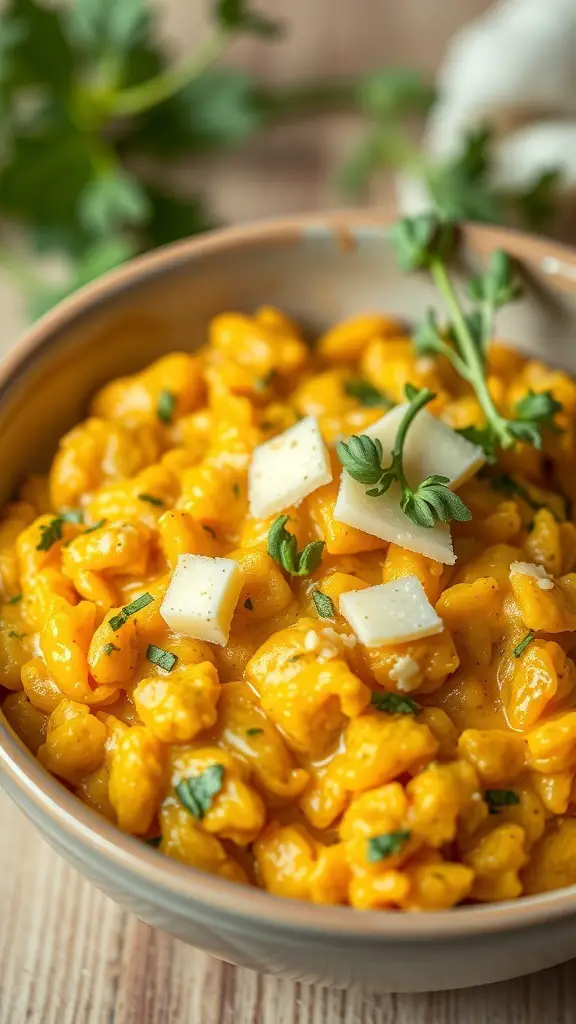 A bowl of creamy pumpkin risotto topped with cheese and herbs