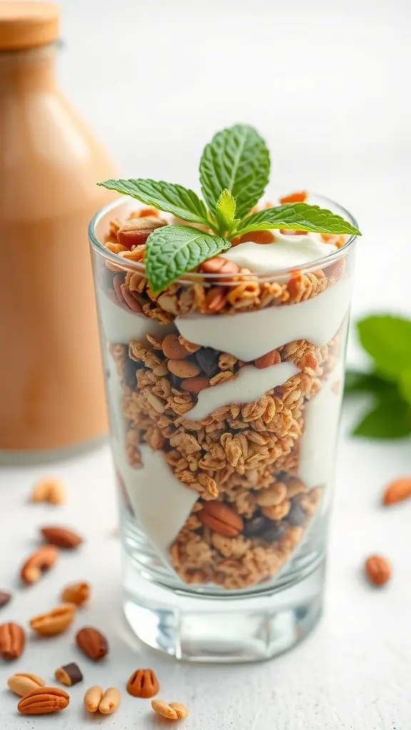 A glass of Greek yogurt parfait layered with granola and nuts, topped with a mint leaf.