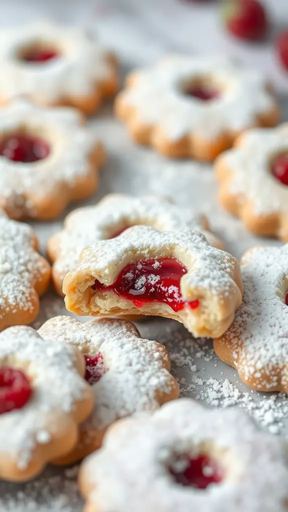 A close-up of raspberry linzer cookies dusted with powdered sugar, some cookies have a bite taken out revealing the raspberry jam inside.