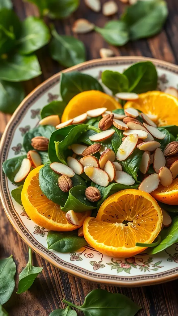 A colorful Spinach and Orange Salad topped with almonds on a decorative plate.