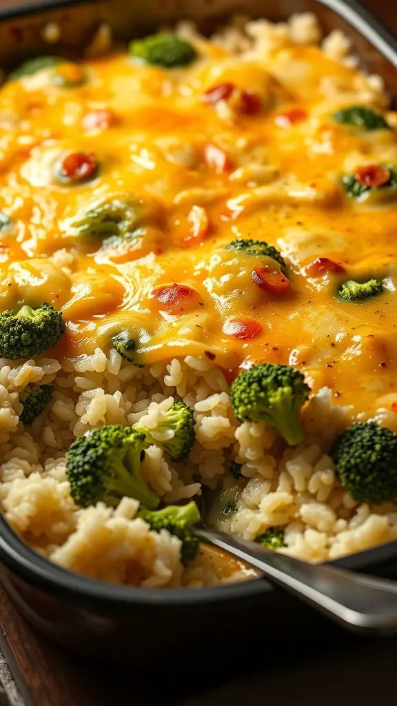 A cheesy broccoli and rice casserole with melted cheese and broccoli florets
