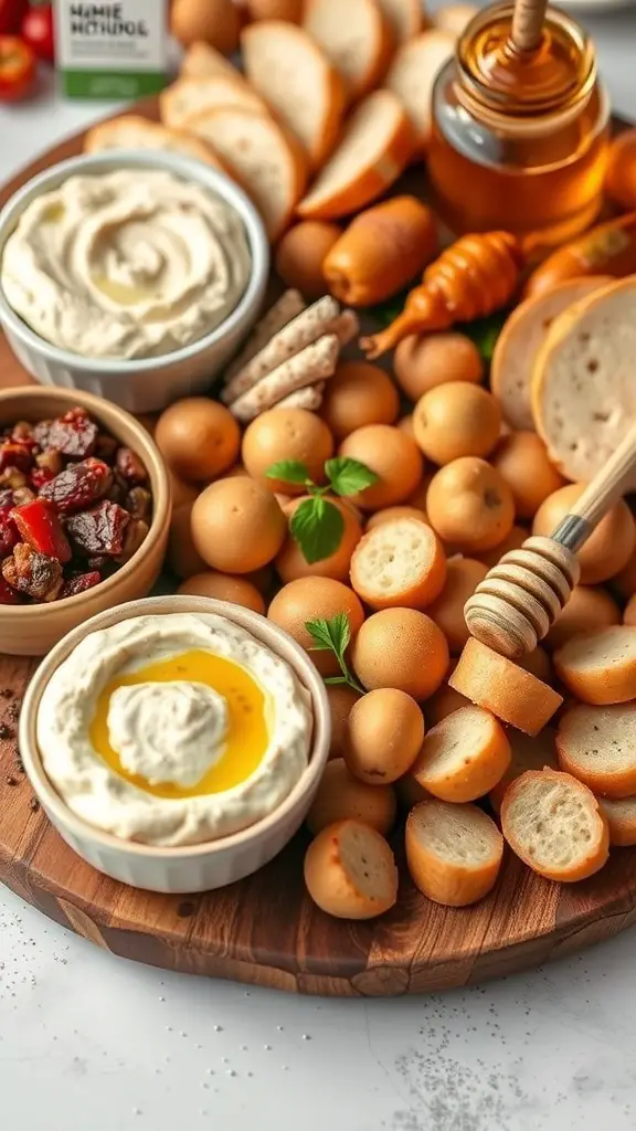 A variety of spreads and dips on a charcuterie board, including hummus, yogurt, honey, and mixed toppings.