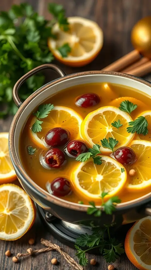A pot of Mediterranean Lemon and Olive Fondue Broth with lemon slices and olives