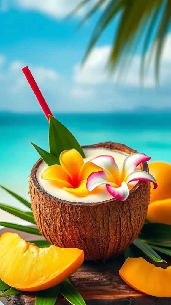 A refreshing mango coconut smoothie served in a coconut shell with tropical flowers and mango slices.