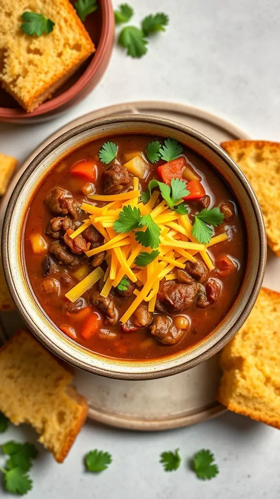 A bowl of beef chili topped with cheese and cilantro, with cornbread on the side.